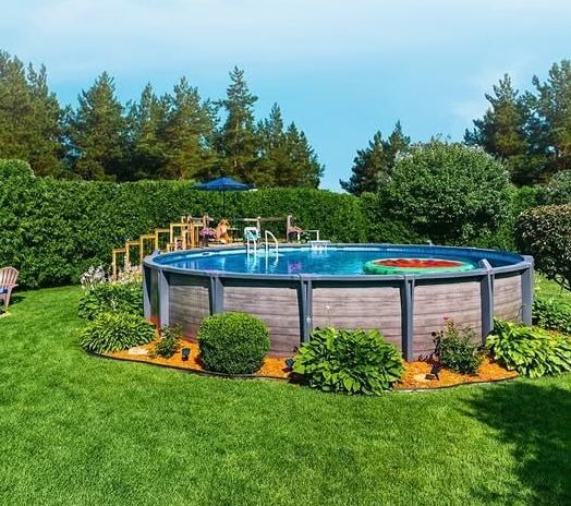 Above-ground pool with custom raised deck surround installed by Right Way Enclosures at a Melbourne, Florida home.