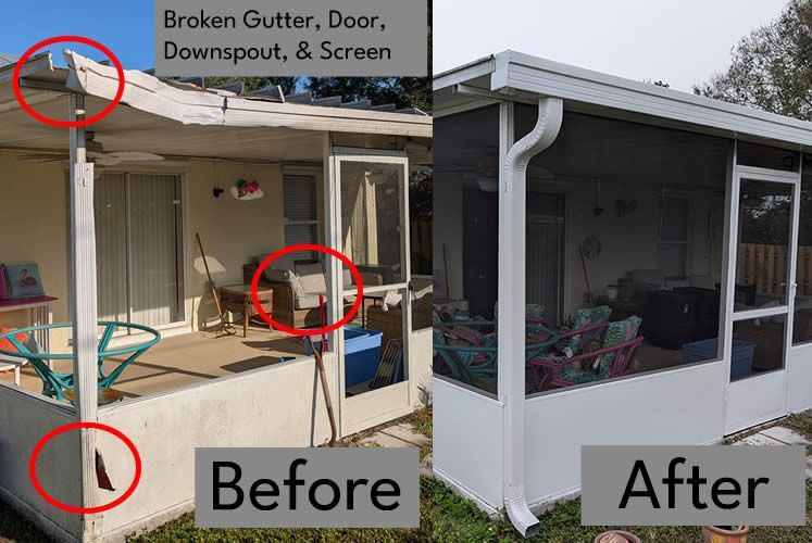 A before and after picture of a screened in porch with a broken gutter , door , downspout and screen.