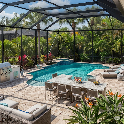 Pool area with screen enclosure, pool, hot tub, outdoor kitchen, and seating. Lush tropical landscaping surrounds.