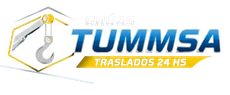 Logo de GRUAS TUMMSA en azul y amarillo con grúa y gancho, texto “TRASLADOS 24 HS”