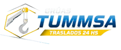 Logo de TUMMSA GRÚAS con gancho y texto “TRASLADOS 24 HS” en azul y dorado