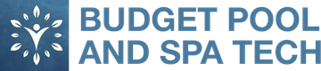 Budget Pool and Spa Tech logo with blue snowflake icon and blue text on white background