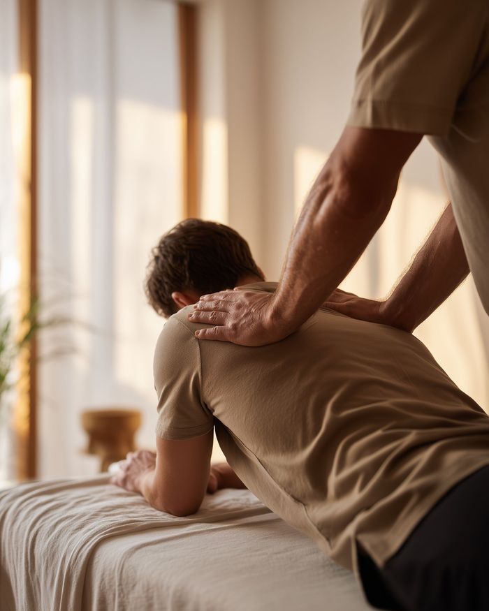 Person receiving a back massage in a bright room with natural light. Hands are on their shoulder blades.