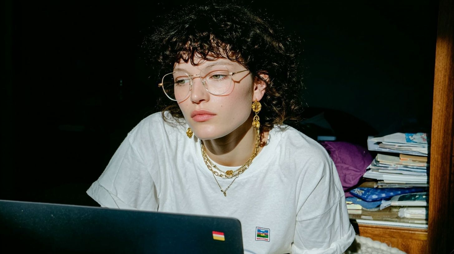 Woman with curly hair and glasses looks at laptop, wearing gold jewelry and white t-shirt.