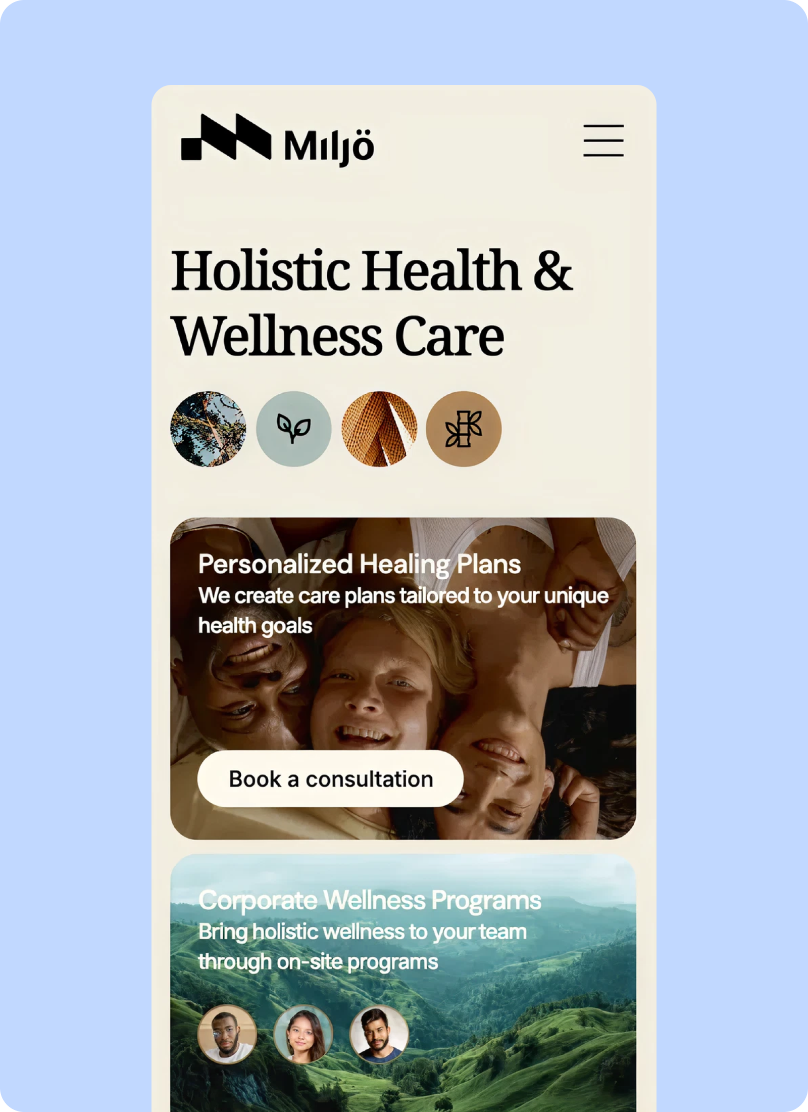 Wellness provider homepage optimized for clarity and trust