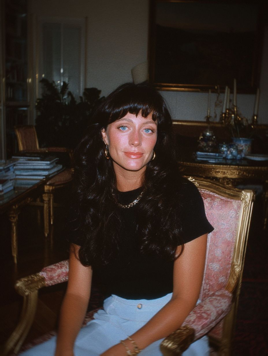 Woman with dark hair sits in ornate chair; black top, light blue pants. Interior setting.