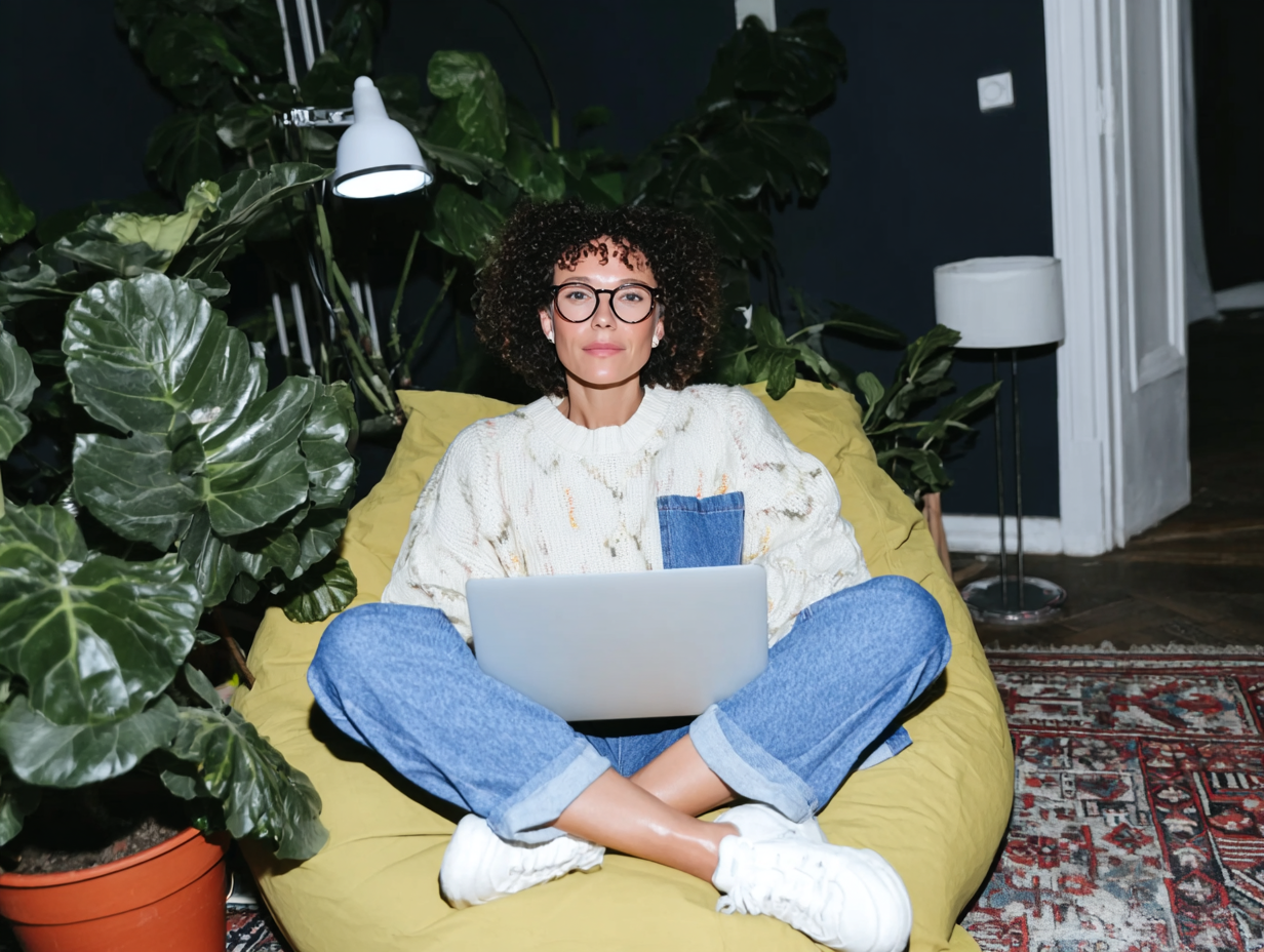 Woman in glasses sitting cross-legged on a beanbag, using a laptop, in a room with plants.