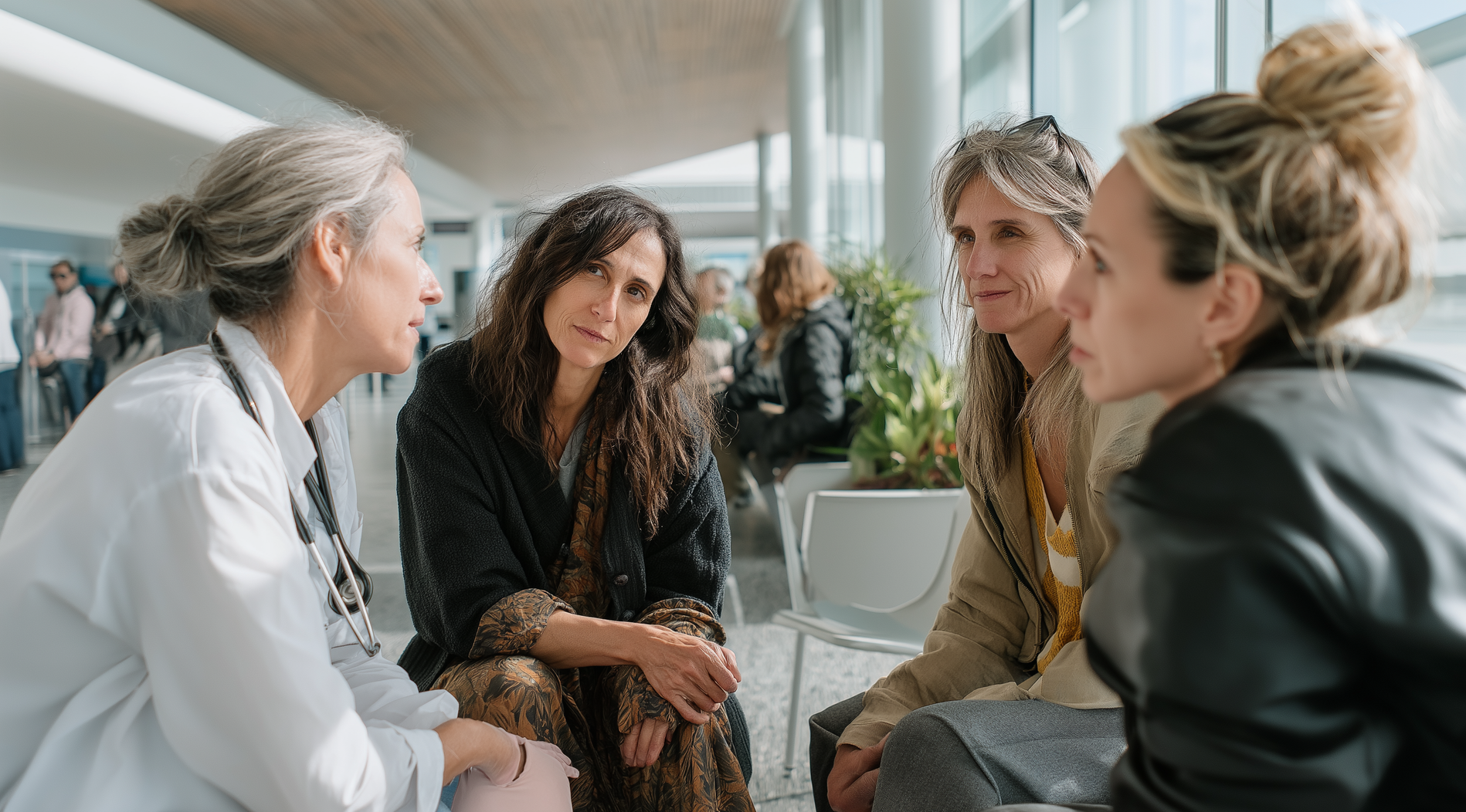 Four people in conversation, seated near a window. Sunlight streams in.