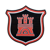 A black and red shield with a castle on it