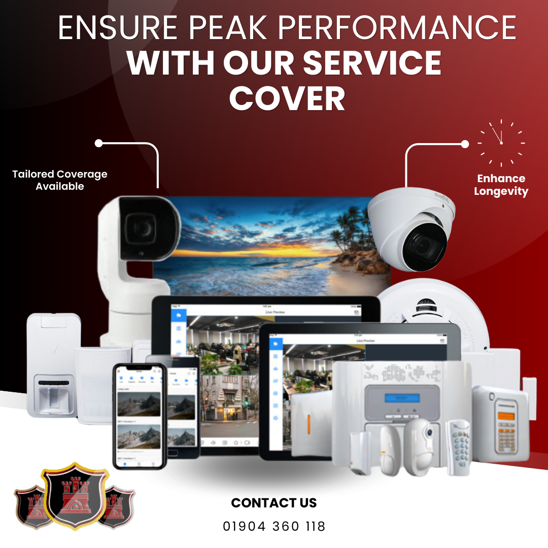 An advertisement for a security system that says ensure peak performance with our service cover