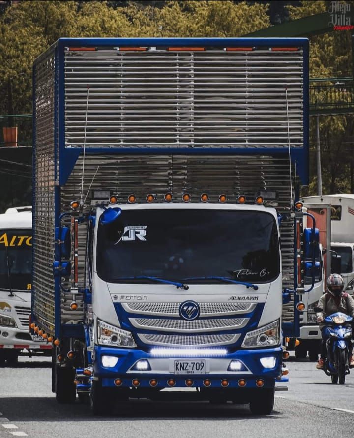 Un camión blanco y azul circula por una calle.