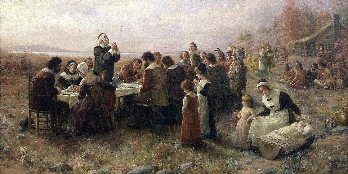 The First Thanksgiving at Plymouth by Jennie Augusta Brownscombe, 1914