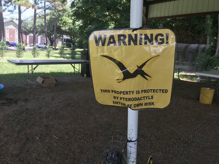 VBS decoration of warning sign - This property is protected by Pterodactyls enter at own risk