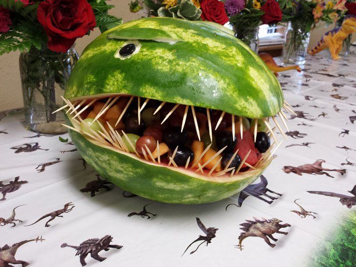 Watermelon decoration looks like dino skull