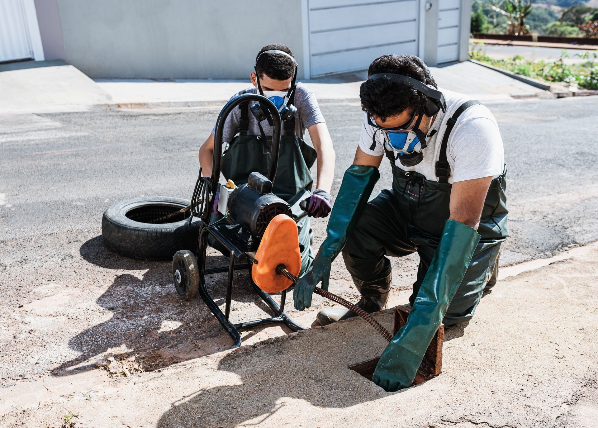 Two men with protective gear working on a sewer drain with an orange machine outdoors.