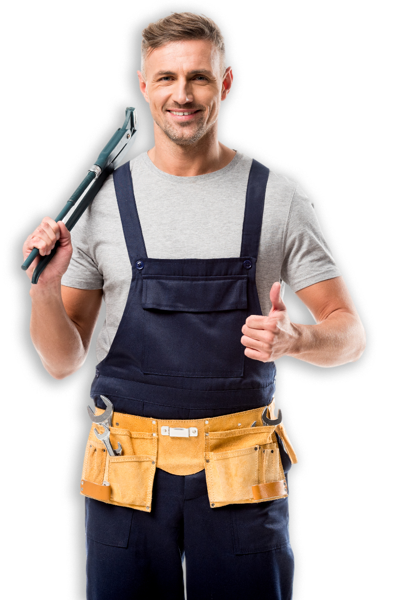 Man in overalls with tools, holding a wrench, giving a thumbs-up.
