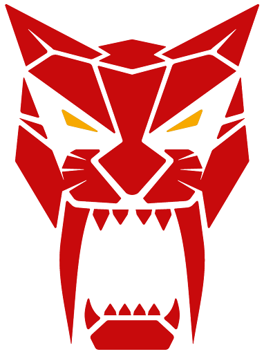 A red and white logo of a cat with sharp teeth