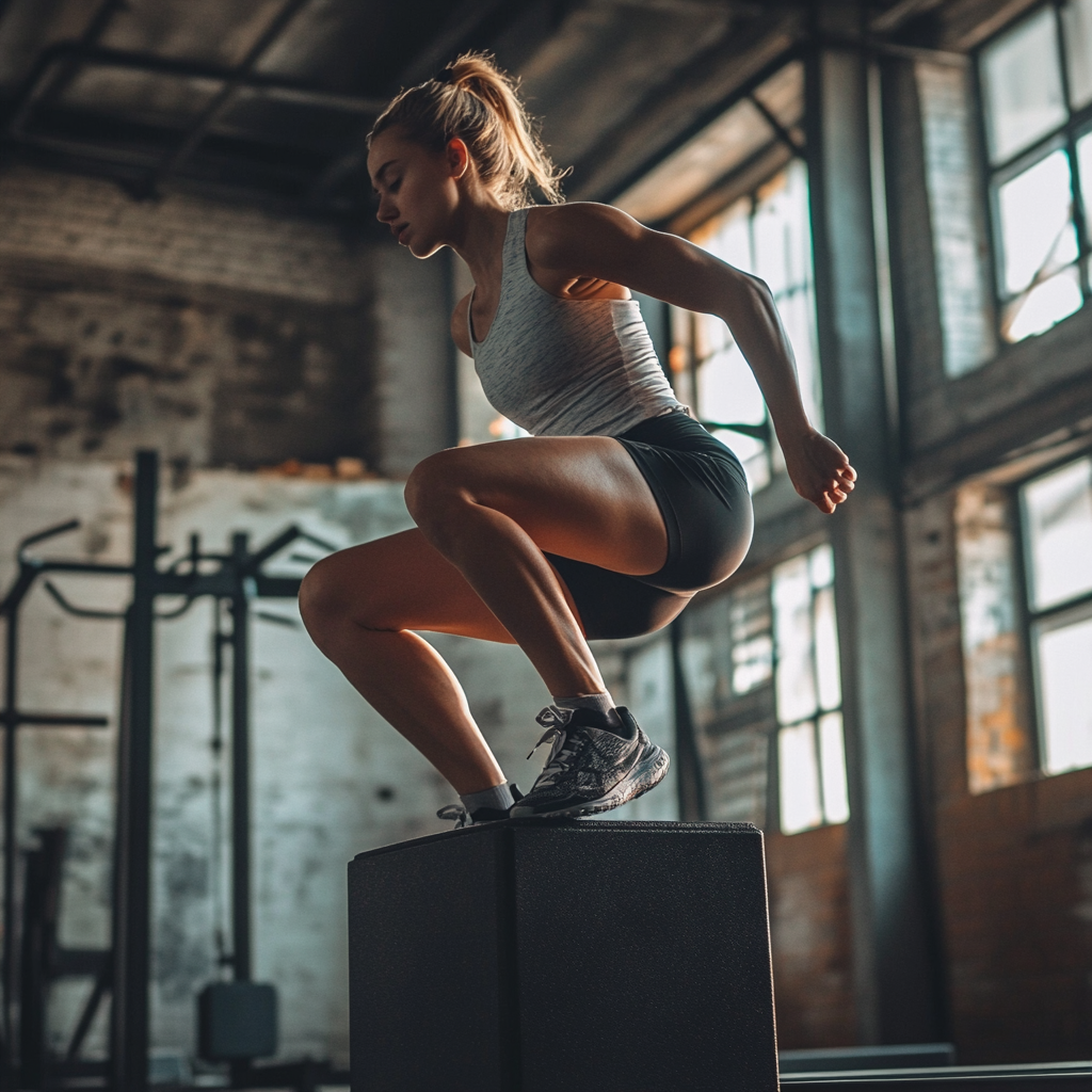 A woman is jumping on a box in a gym.