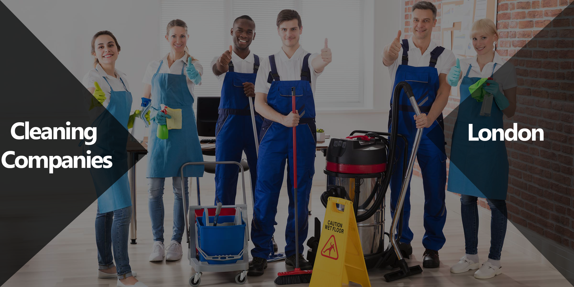 A group of cleaning companies are standing next to each other in an office.