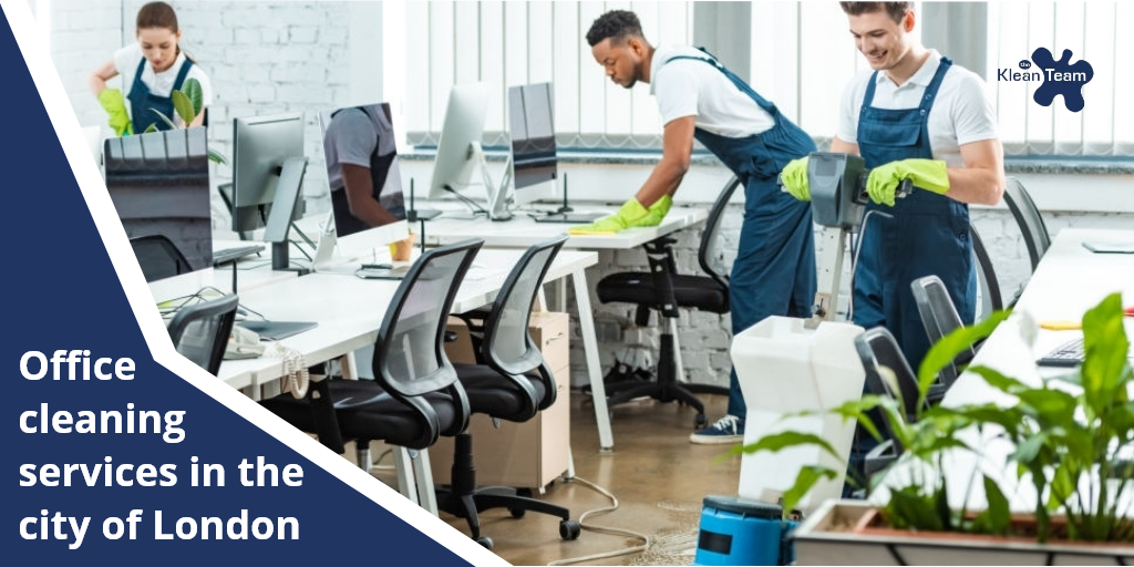 A group of people are cleaning an office in the city of london.