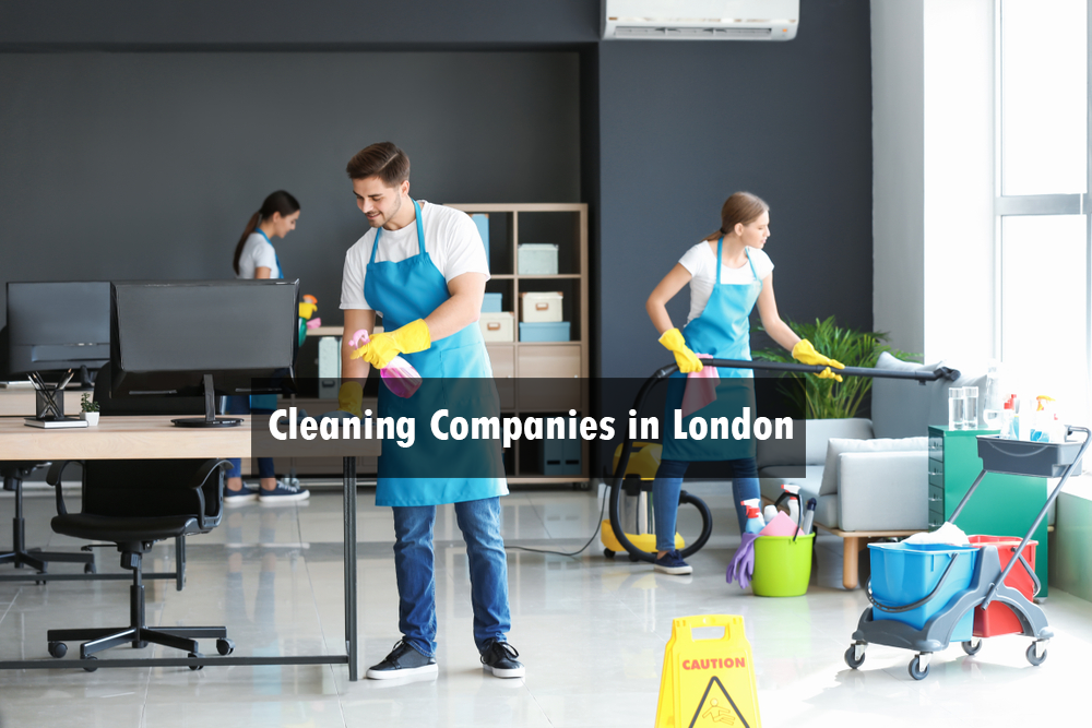 A man and a woman are cleaning an office in london.