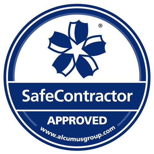 A blue and white circle with a flower on it that says safe contractor approved.