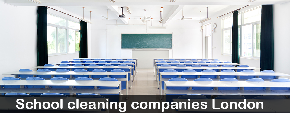 An empty classroom with the words school cleaning companies london on the bottom