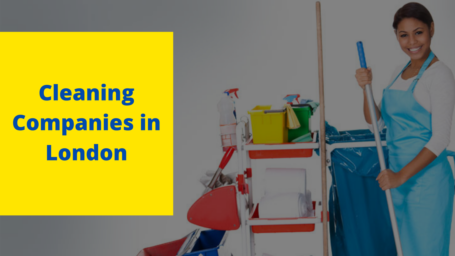 A woman is holding a mop in front of a cleaning cart.