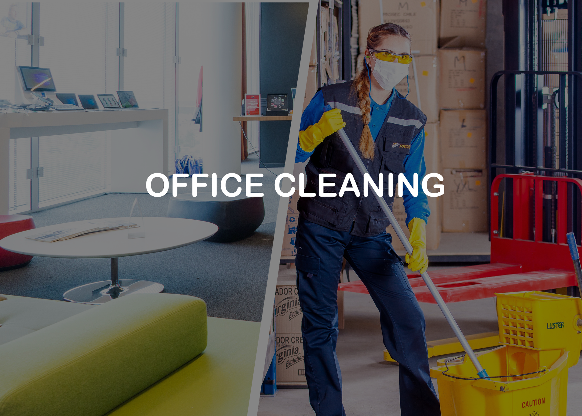 A woman wearing a mask and gloves is cleaning an office with a mop.