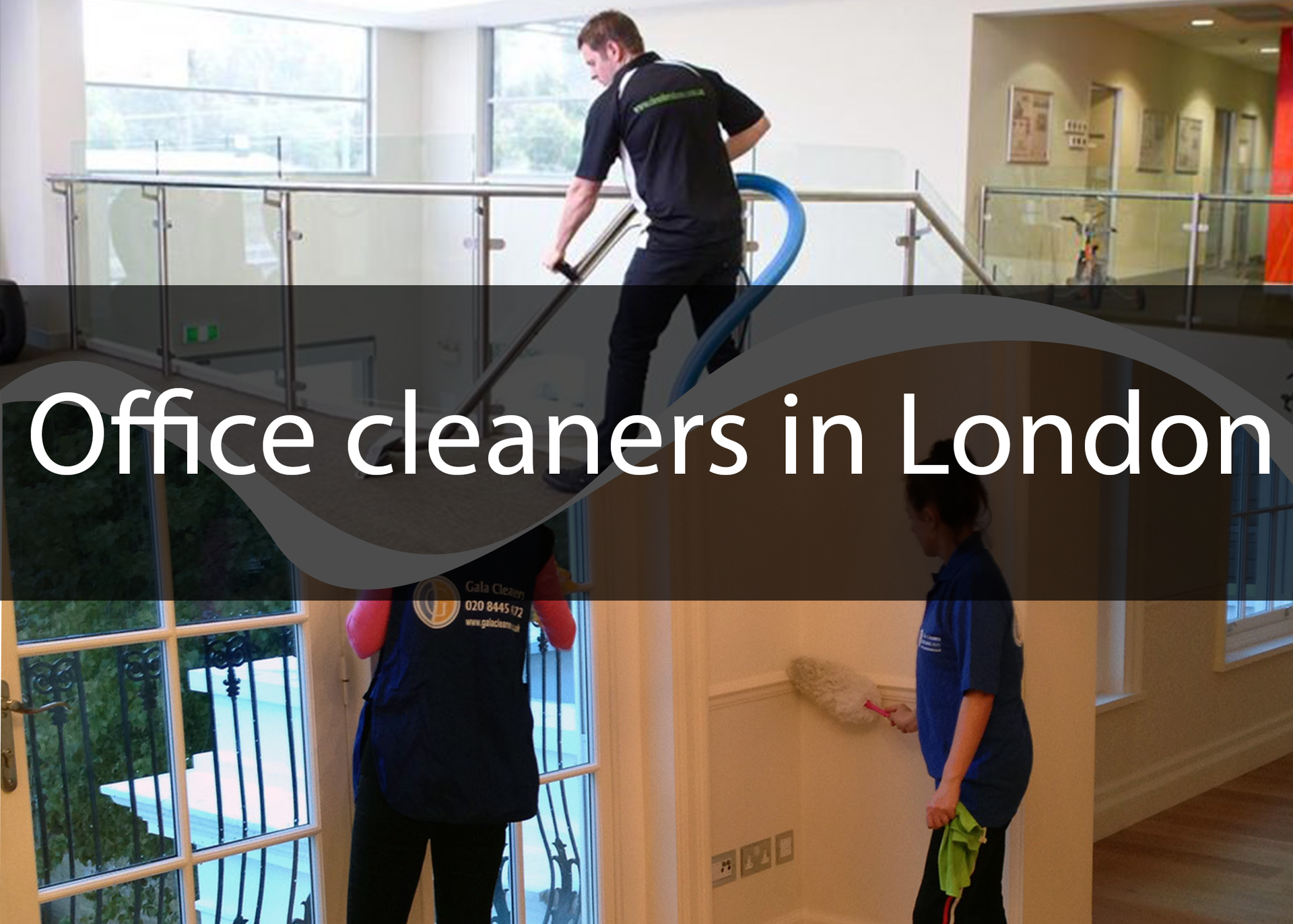 Two office cleaners are cleaning a building in london