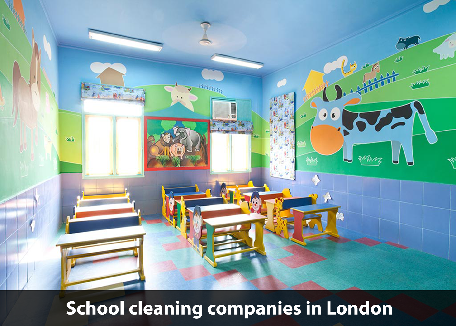 A classroom with a cow on the wall and the words school cleaning companies in london