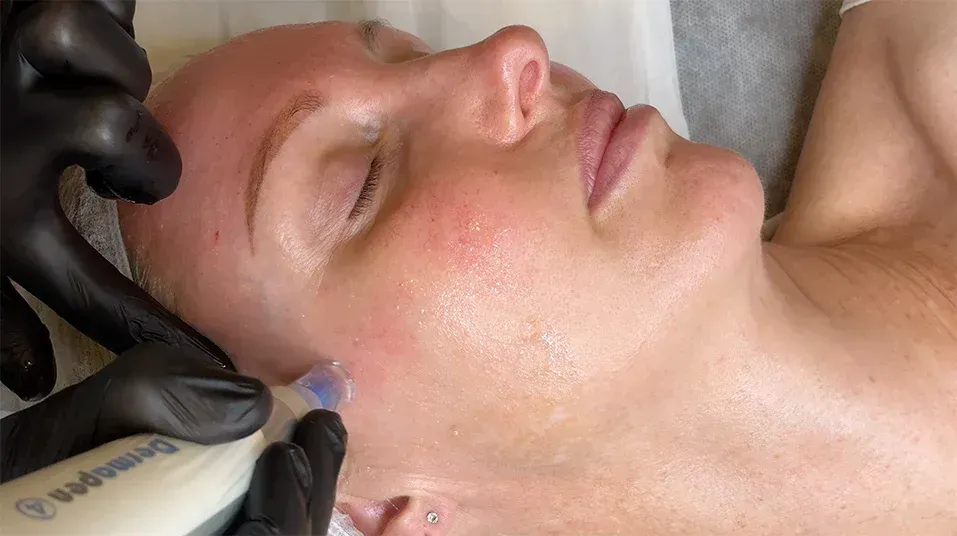 Person Receiving a Microneedling Treatment With a Dermapen Device on Their Cheek — That Skin Clinic in Mooloolaba, QLD