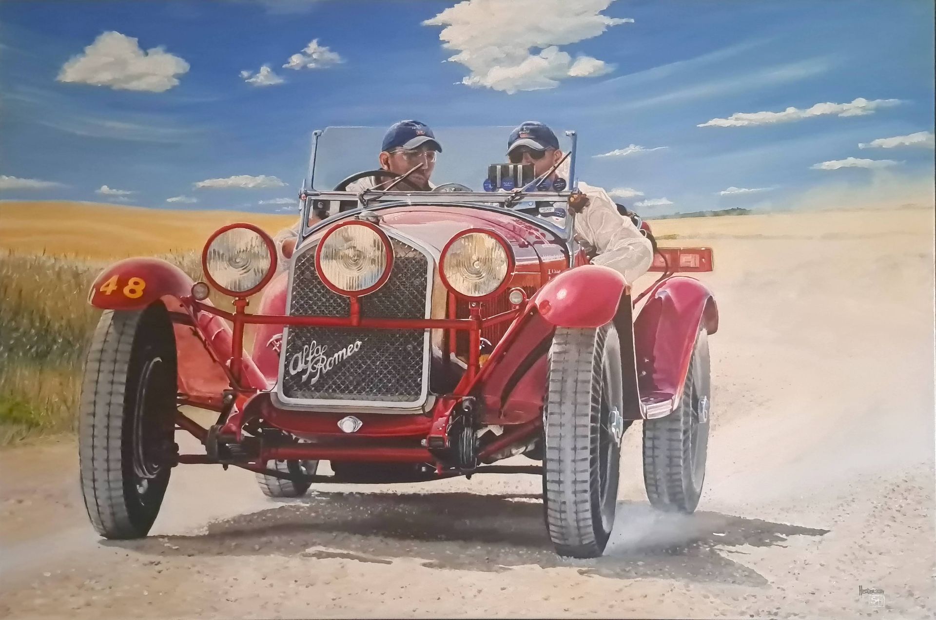 Schilderijen van klassieke auto's en paarden