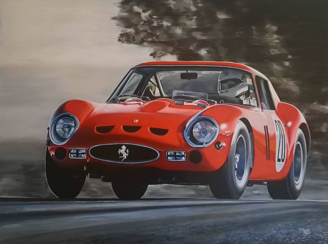 Schilderijen van klassieke auto's en paarden