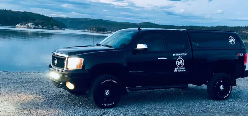 Un camion noir est garé à côté d'un plan d'eau.