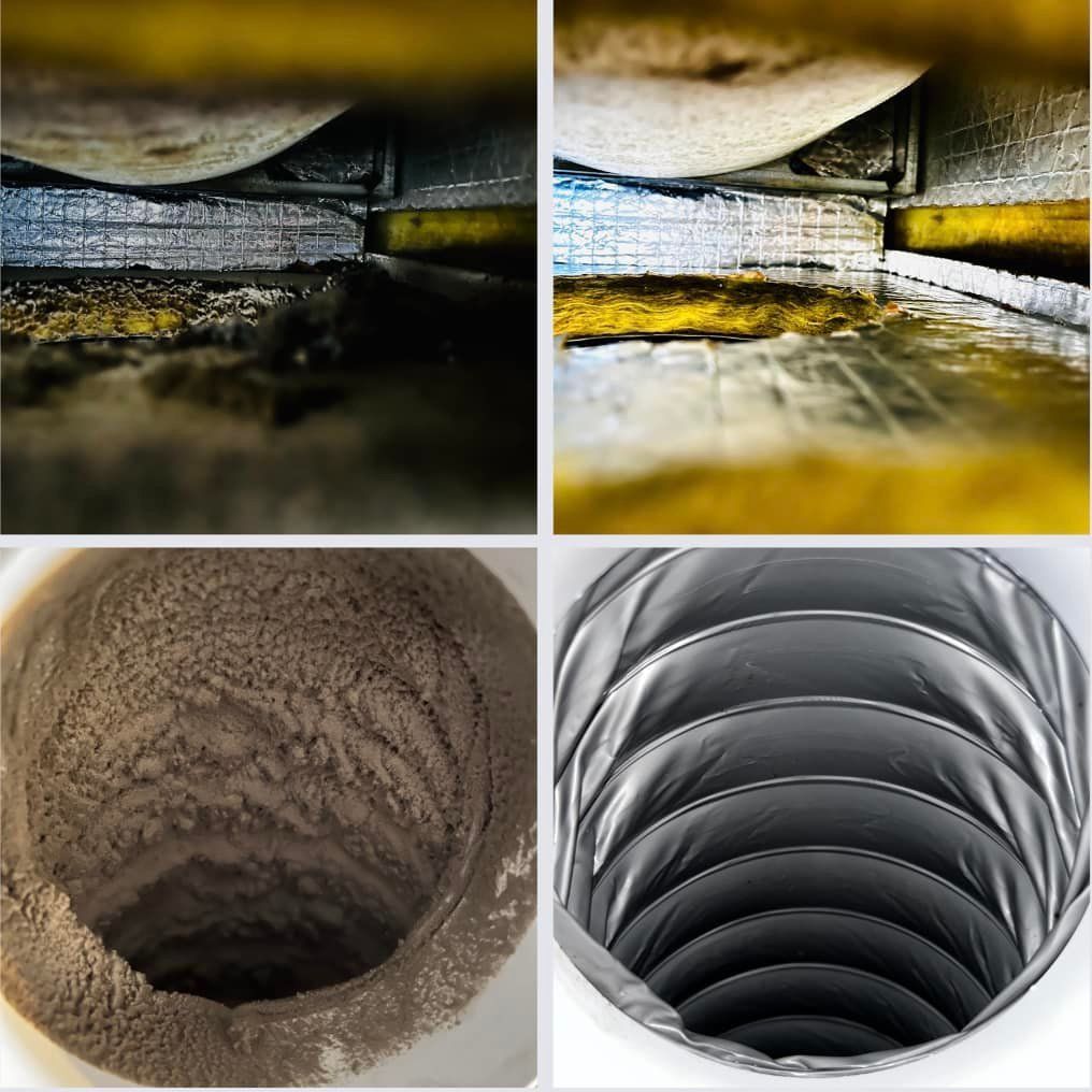 Un collage de quatre images montrant un conduit sale et un conduit propre