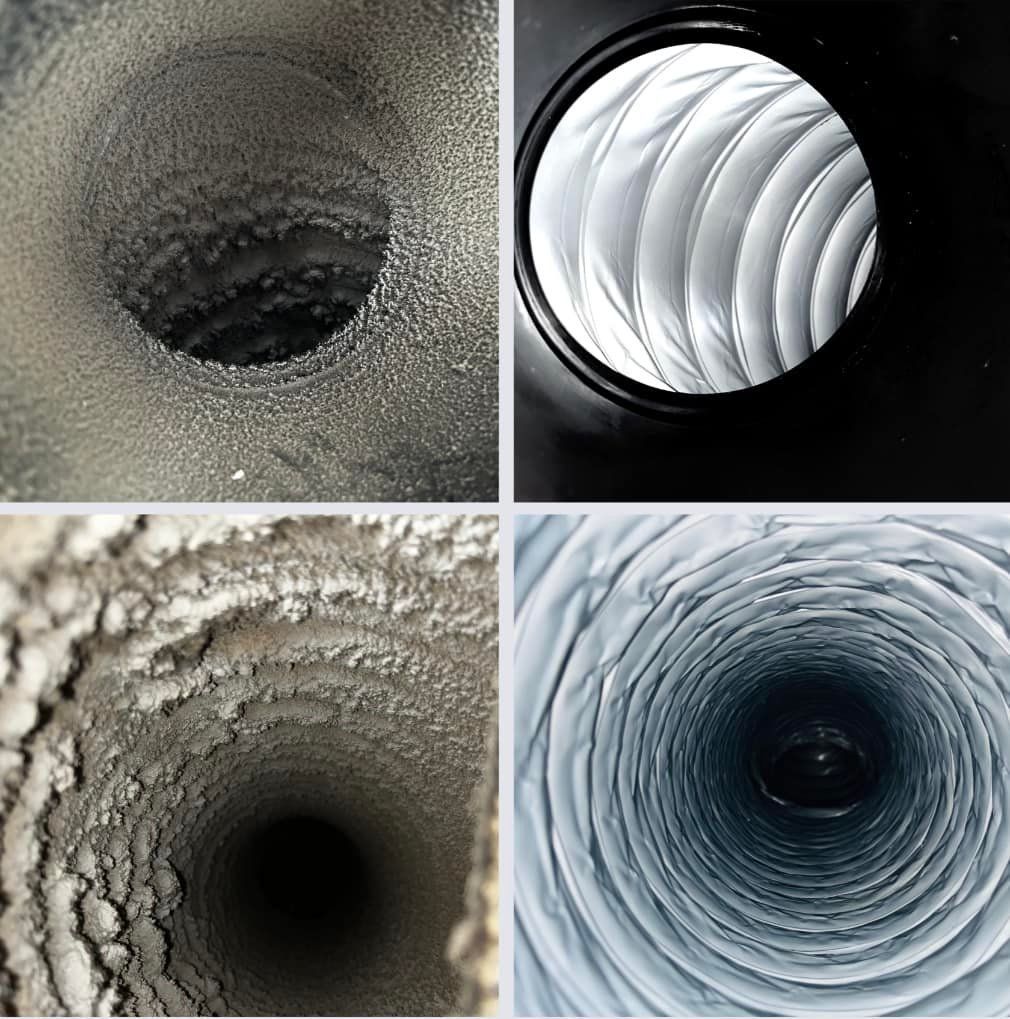 Un collage de quatre images montrant l'intérieur d'un conduit