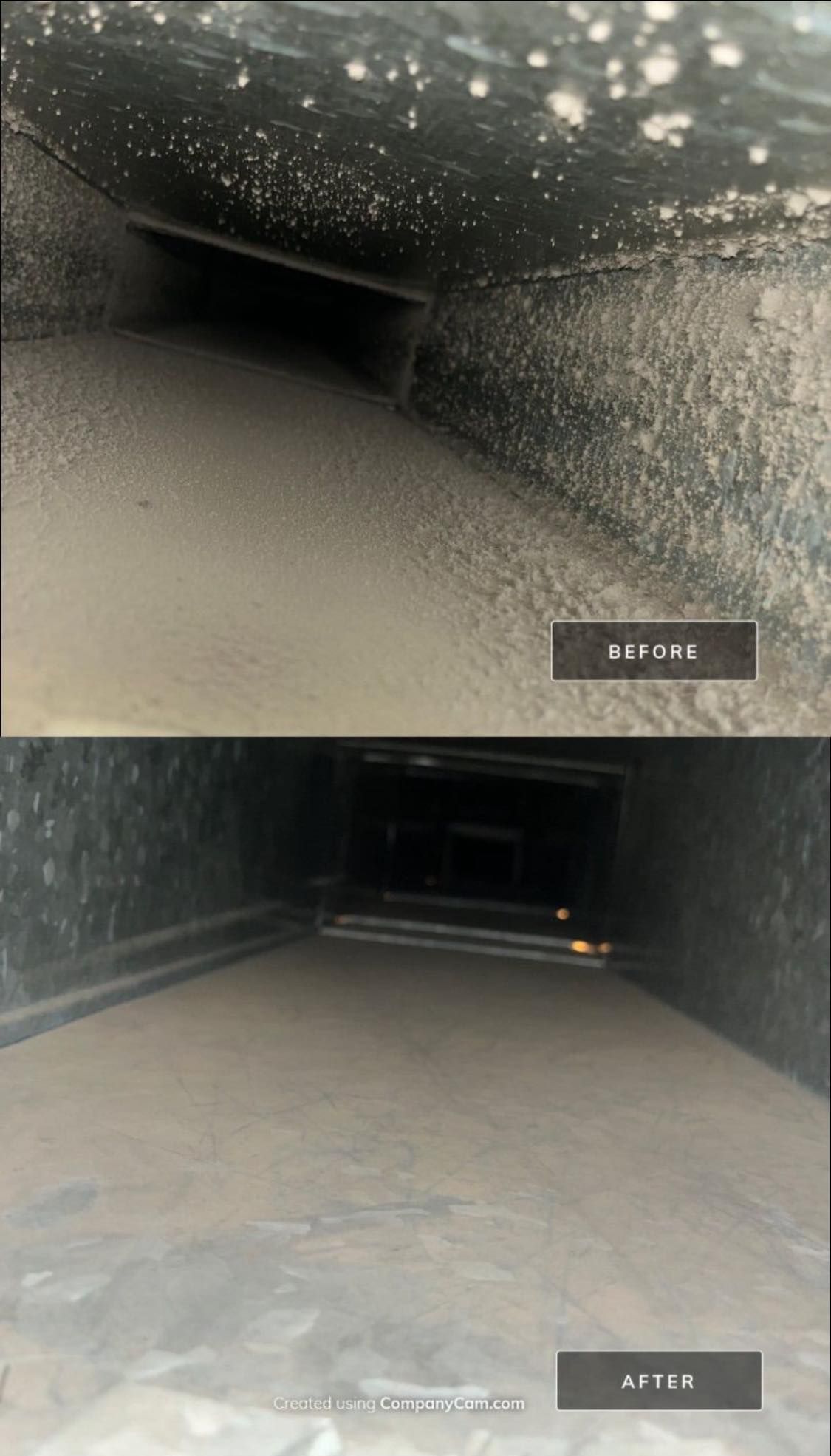 Une photo avant et après d'un conduit en cours de nettoyage.