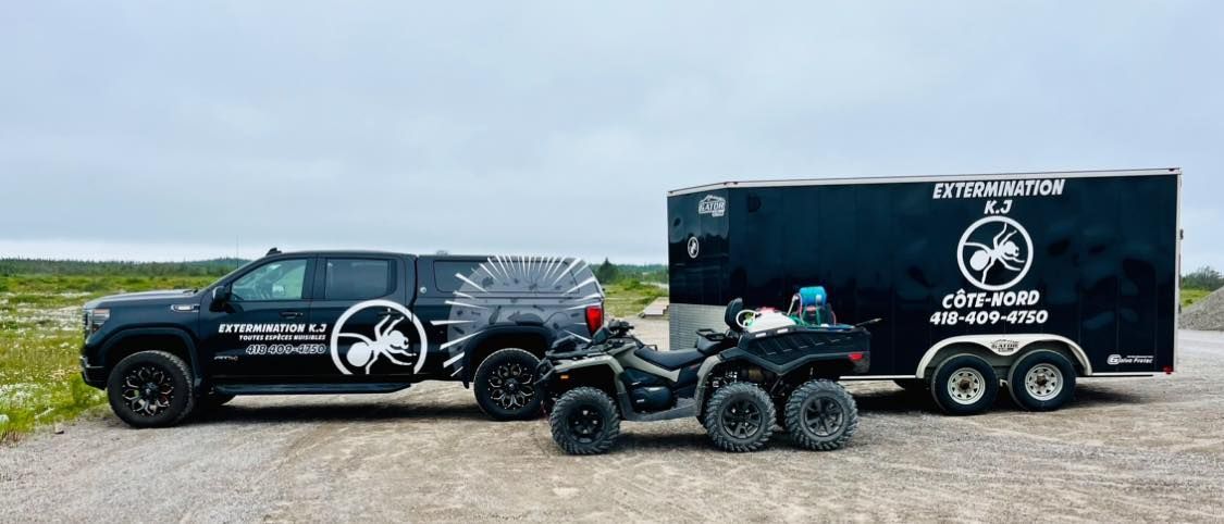 Un camion tracte une remorque avec un véhicule à quatre roues attaché.