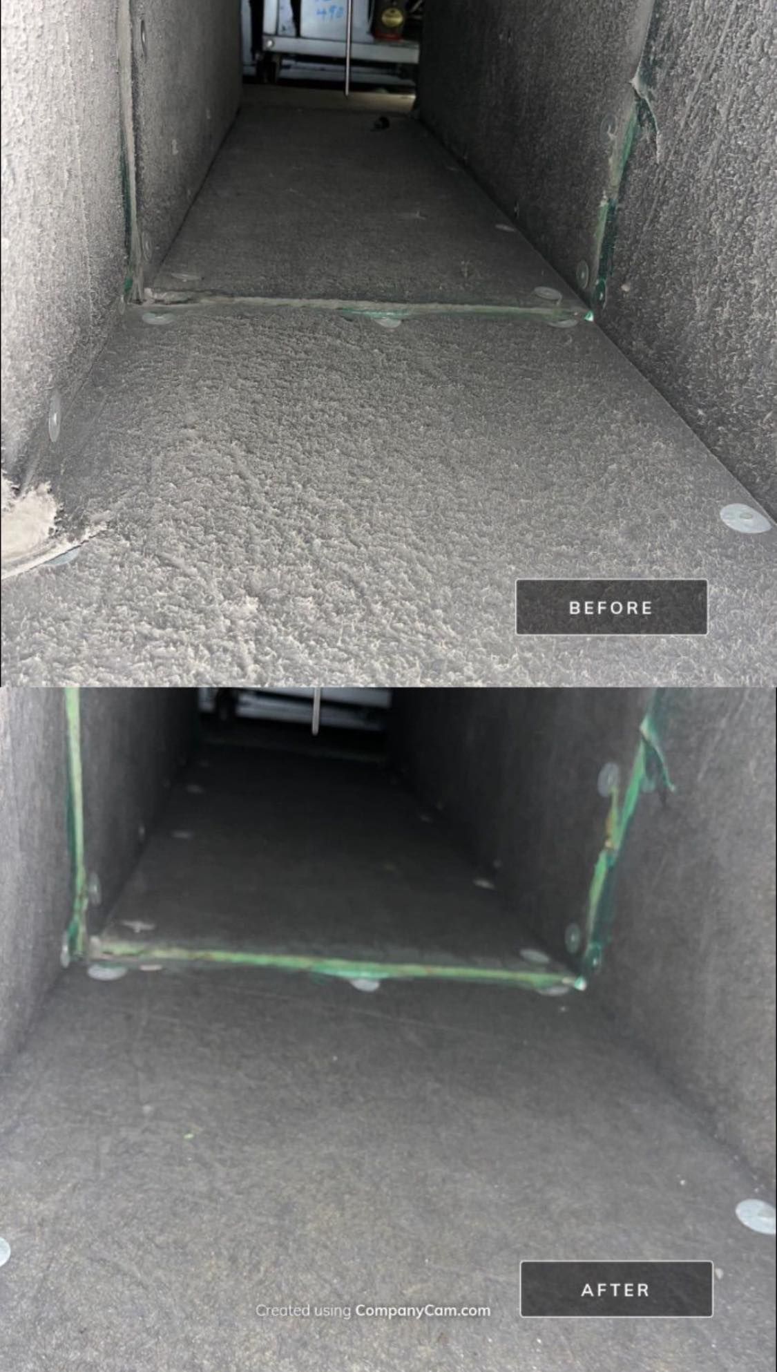 Une photo avant et après d'un conduit en cours de nettoyage.