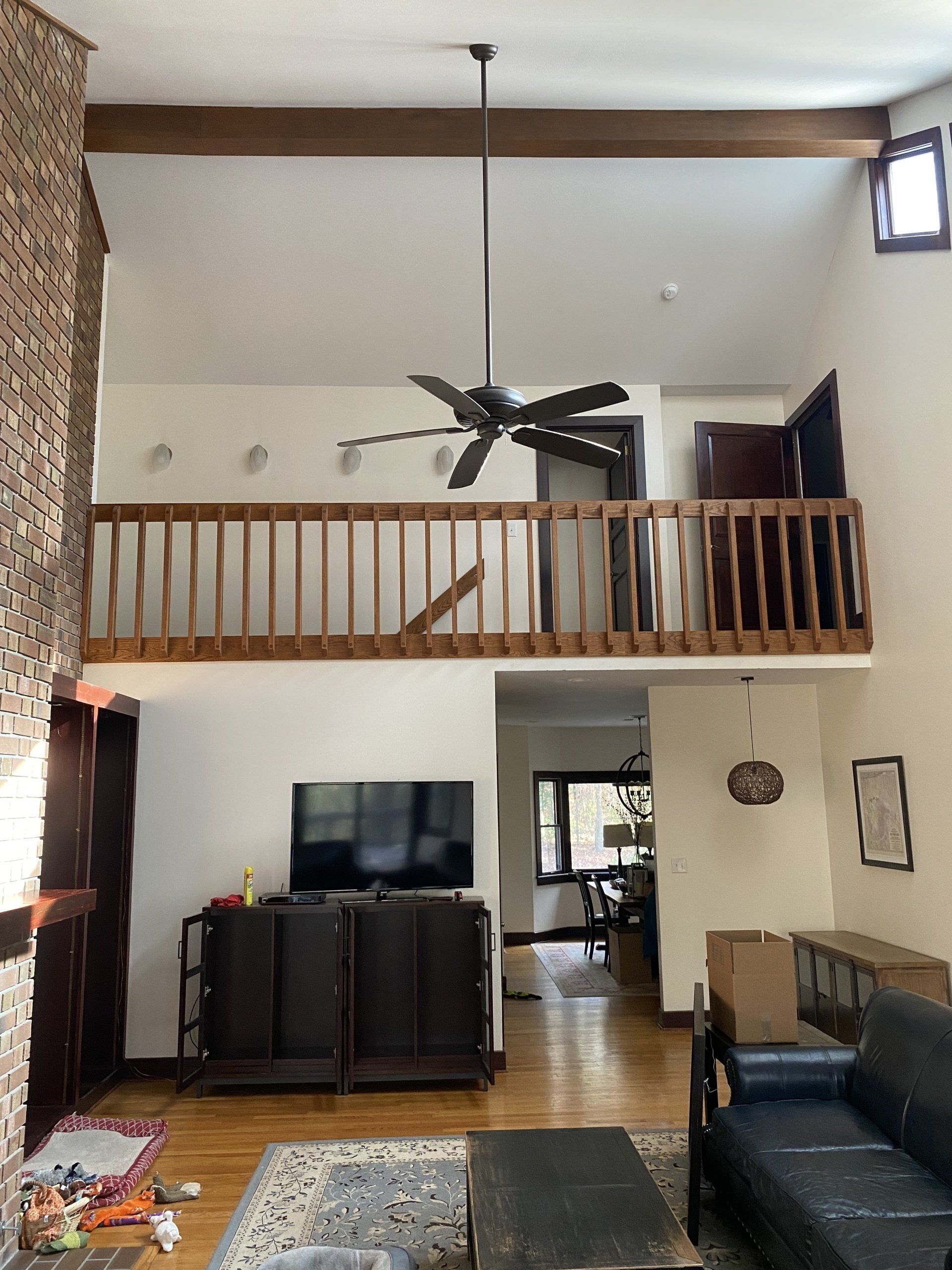 outdated wooden railing and light fixture