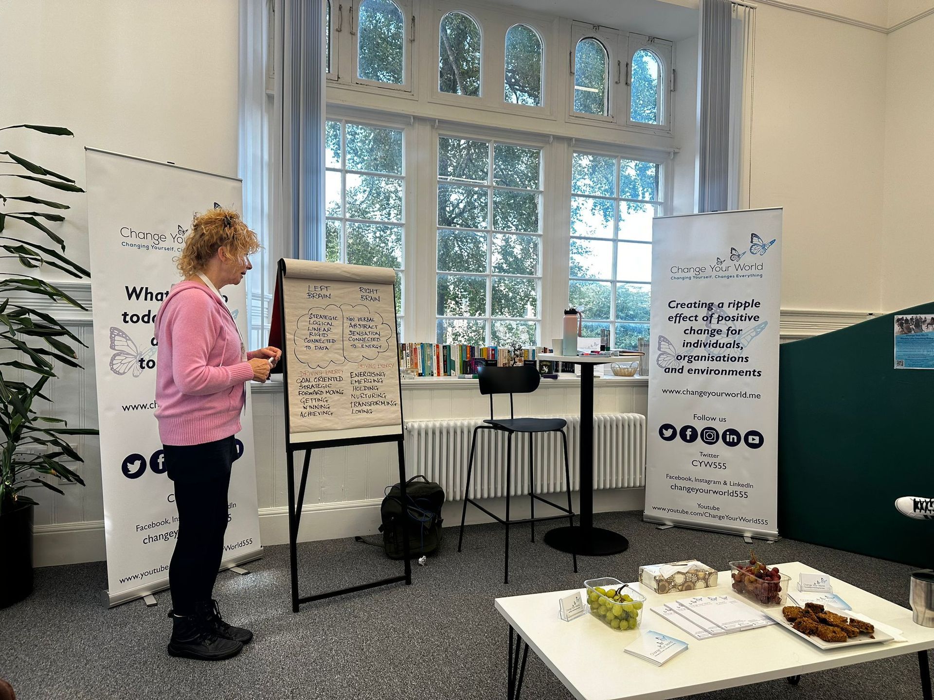 Female coach delivering workshop with flip chart