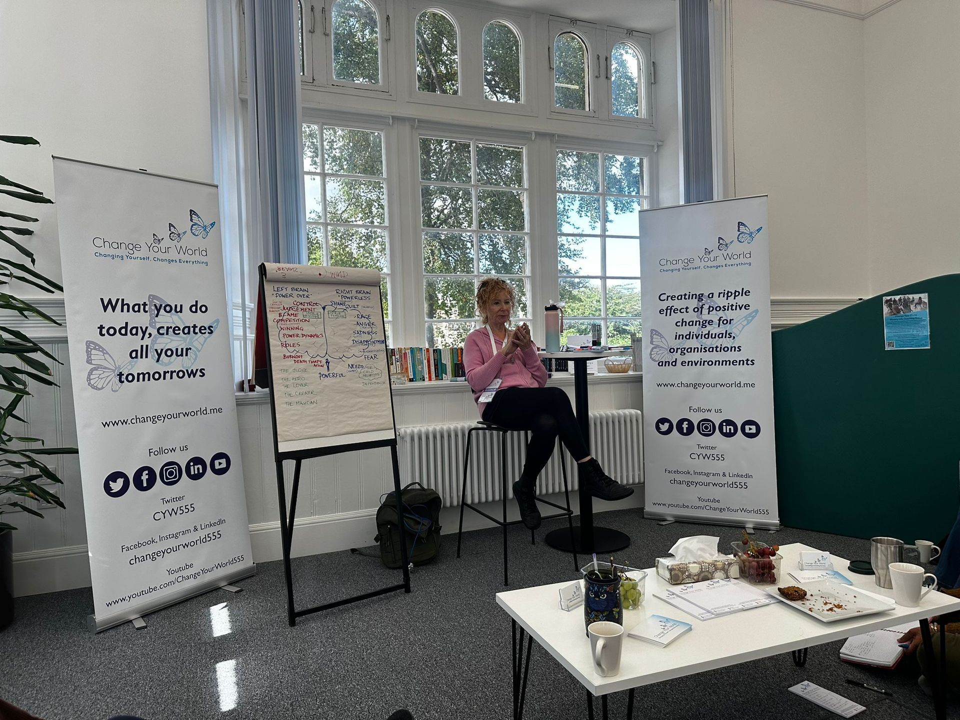 A woman sits in a room with a flip chart and banners. She’s facing a table with food and drinks near a large window.