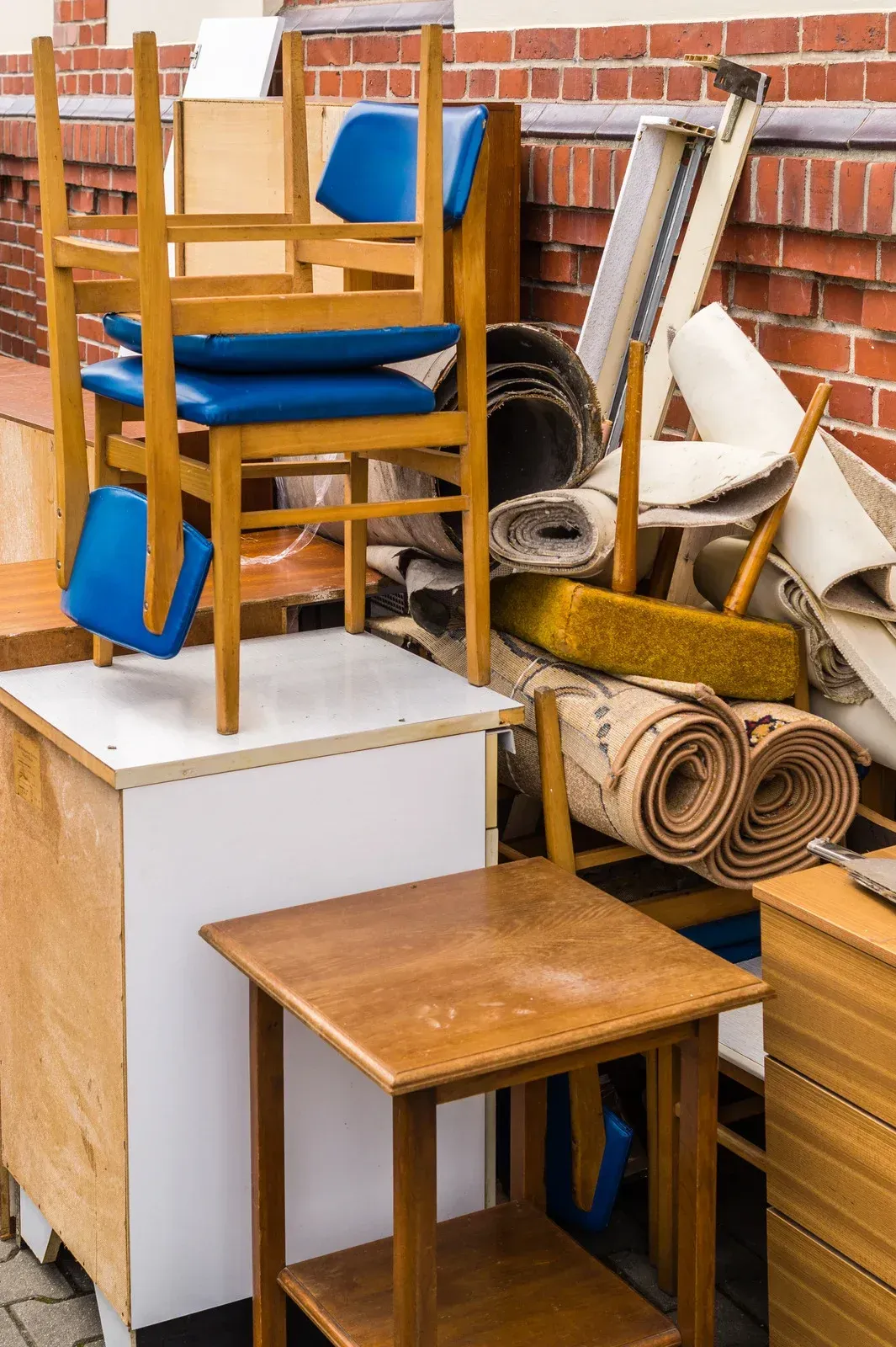 A pile of furniture and carpets is stacked on top of each other in front of a brick wall.