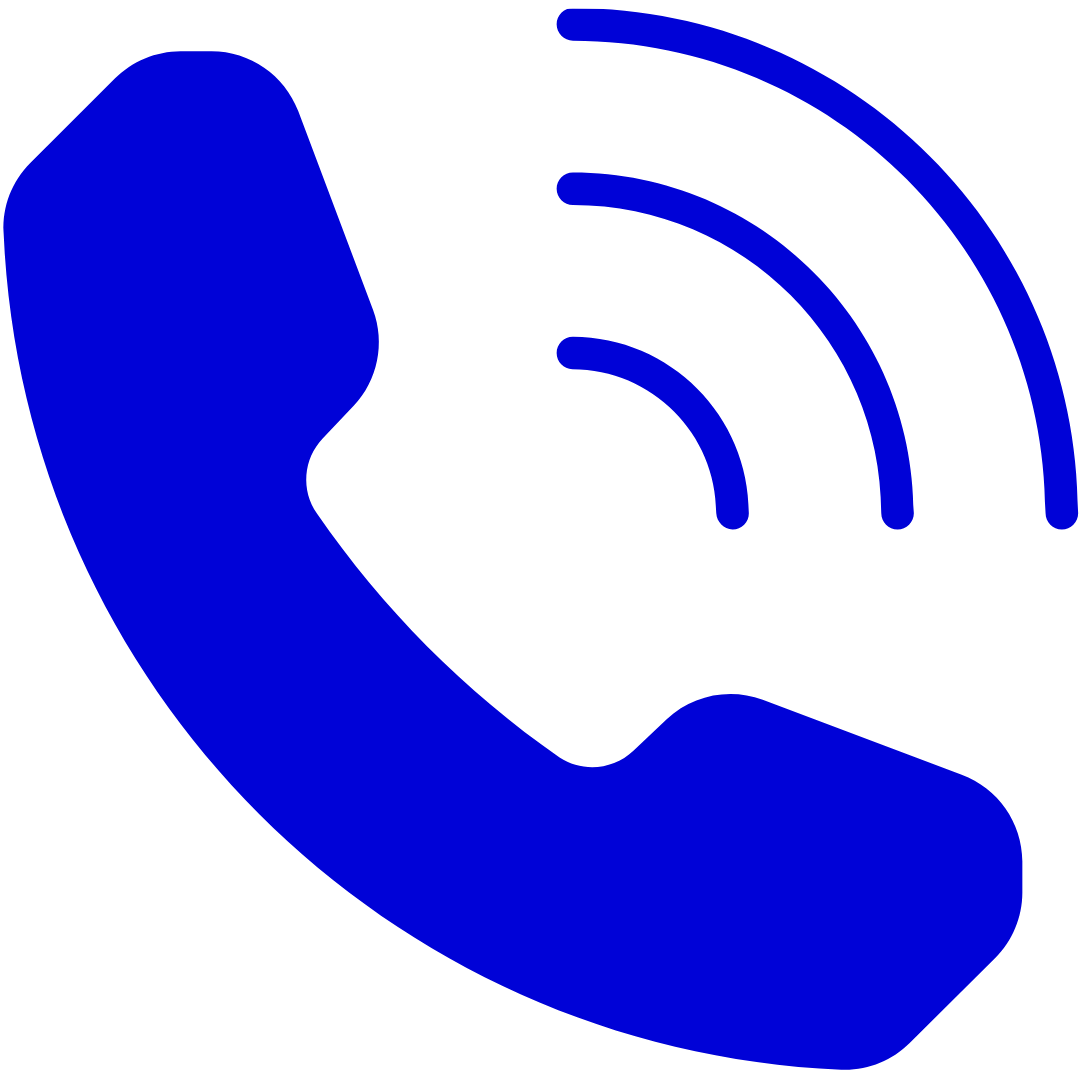 A blue icon of a telephone with waves coming out of it.