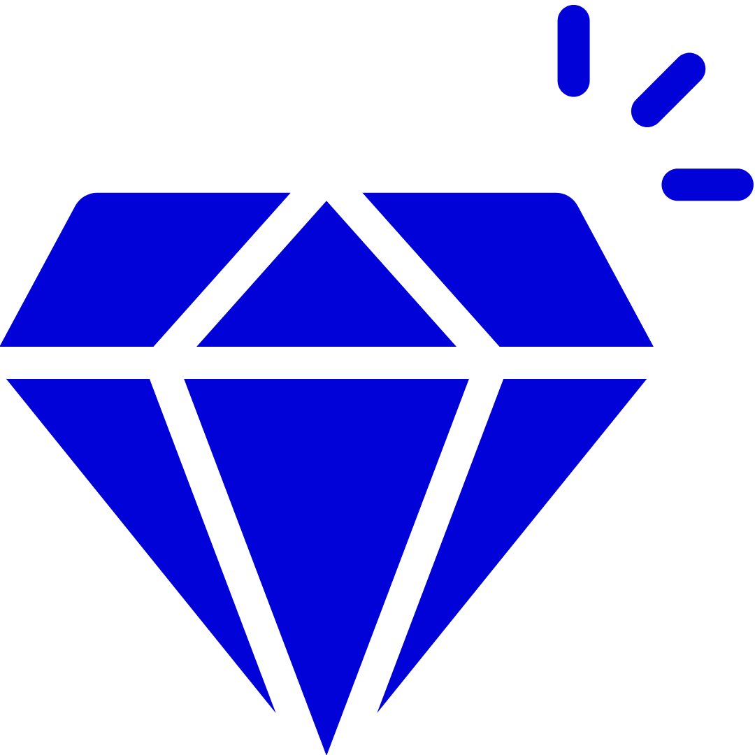 A blue diamond with a white outline on a white background.
