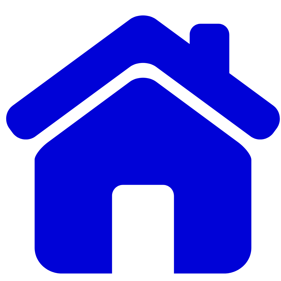 A blue house icon with a white roof and chimney on a white background.