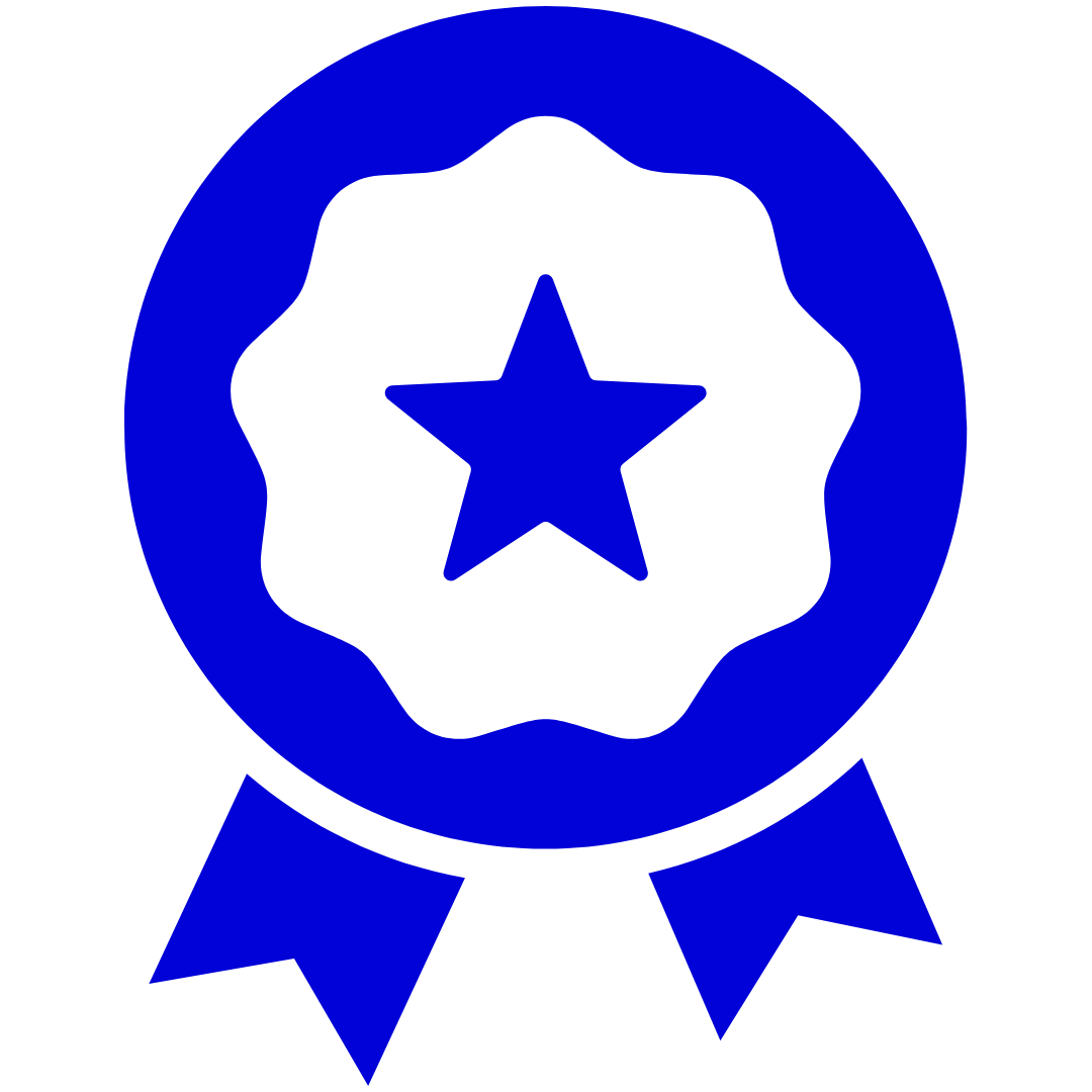 A blue ribbon with a star in the middle of it.
