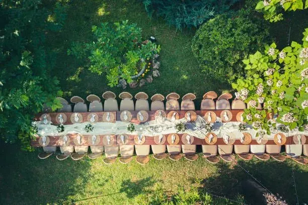 An aerial view of a long table and chairs in a garden.