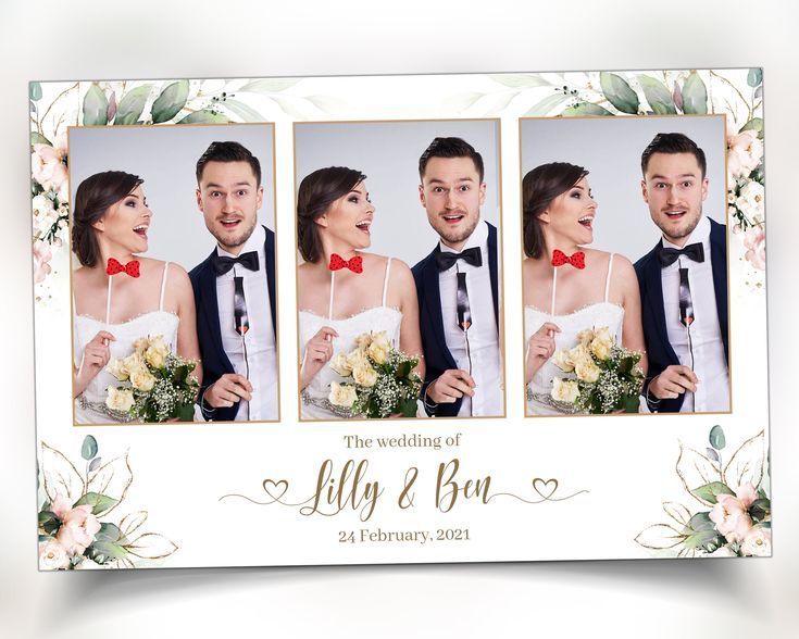 A bride and groom are posing for a picture in a photo booth.